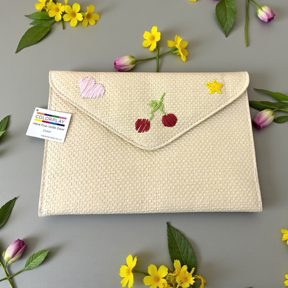 Color Play Straw Clutch with Embroidered  Cherry, Heart &‎ Straw Accents New